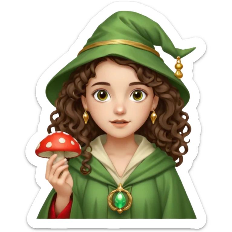 very beautiful italian girl, dark brown eyes, looking like Emma Watson, with curly and big volume very bright brown hair, and a golden piercing ring in nose on left side, dressed in a beautiful wizard robe of green colors, holding red fly mushroom sticker