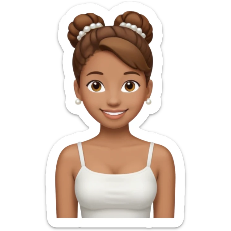 Full body, Light brown skin girl, brown hair in bun, smiling, white tube top, pearl earrings sticker