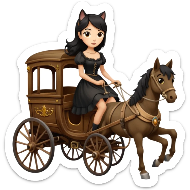 Rustic all black antique wood Gypsy 1854 pretty dark-haired Catgirl driving a huge horse-drawn fancy French stagecoach Caravan on a bumpy scary ghost trail in the woods  sticker