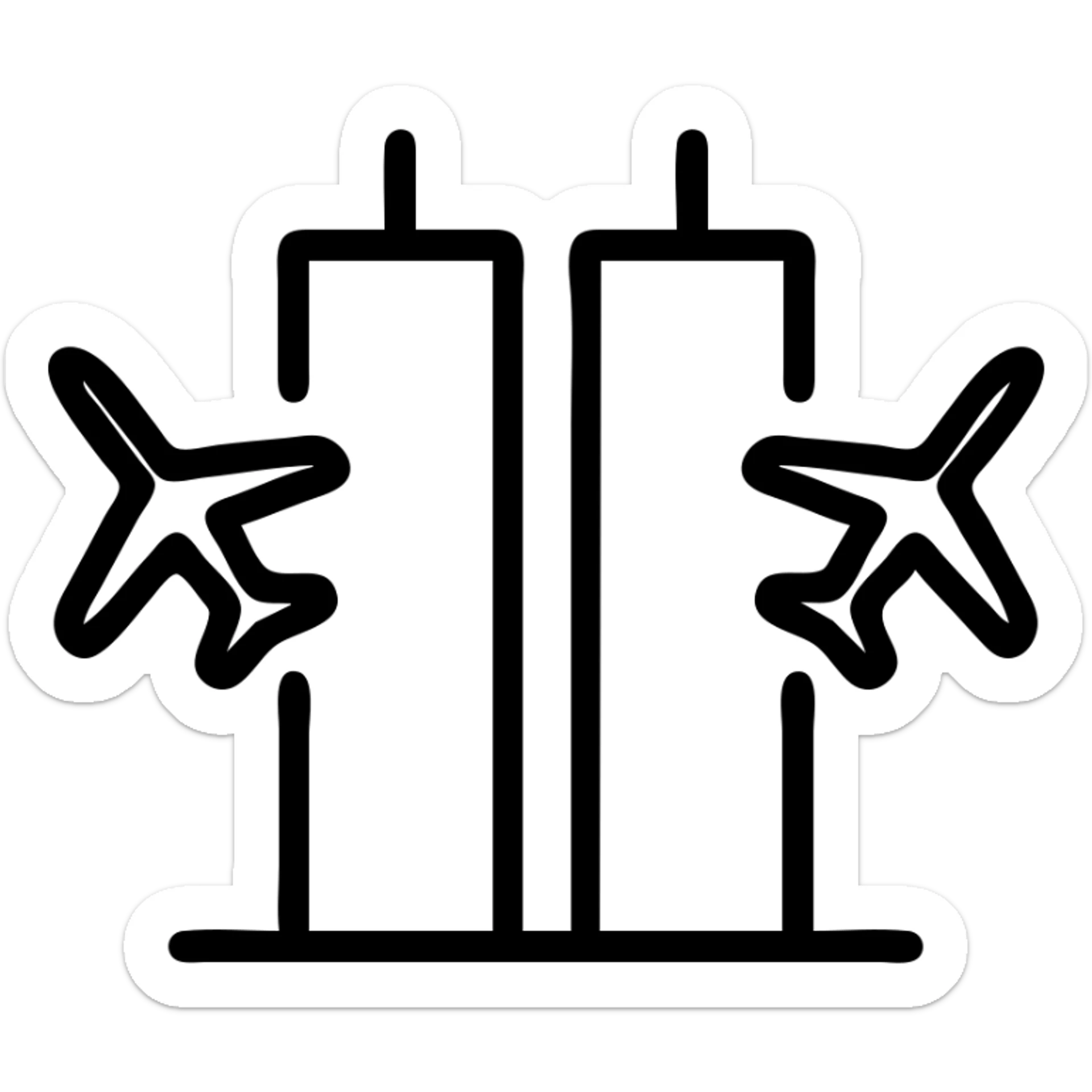 silhouette simple des tours jumelles et deux avions, style icône, fond transparent, pas de détails violents sticker