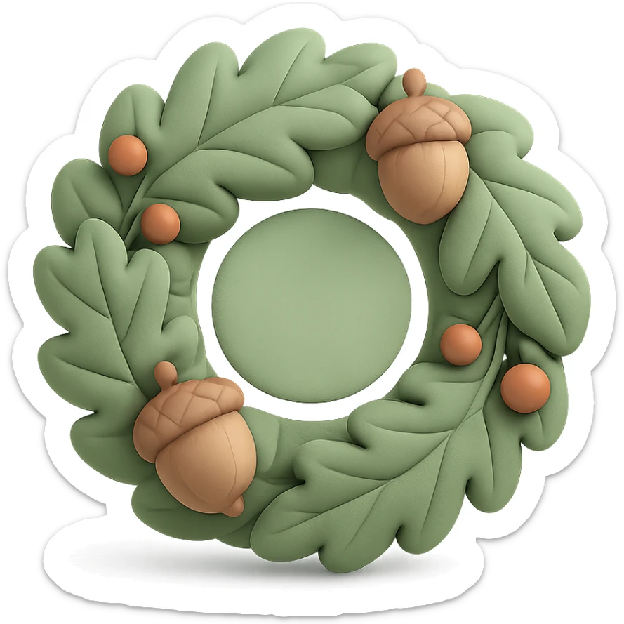 wreath of forest leaves, acorns, and berries, soft green circle sticker, cushion style, transparent background sticker