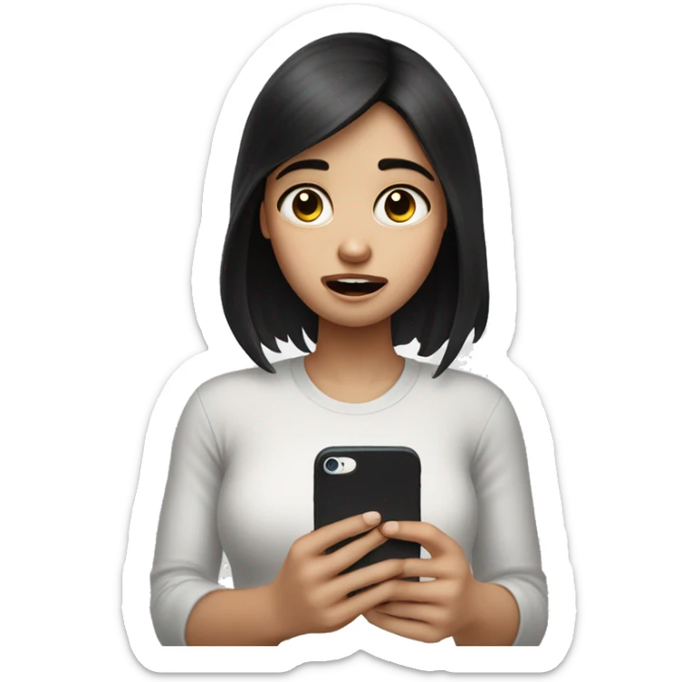 A girl with white skin and dark hair is crying, holding her phone in her hand and pressing her finger on it and looking into it   sticker