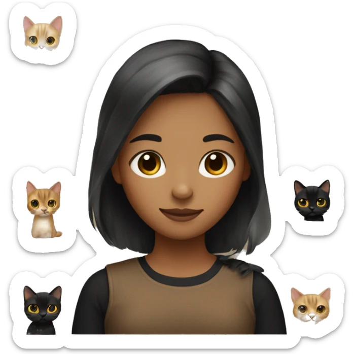 A girl whose hair is short black and her color is tan and her color is brown holding a black cat sticker