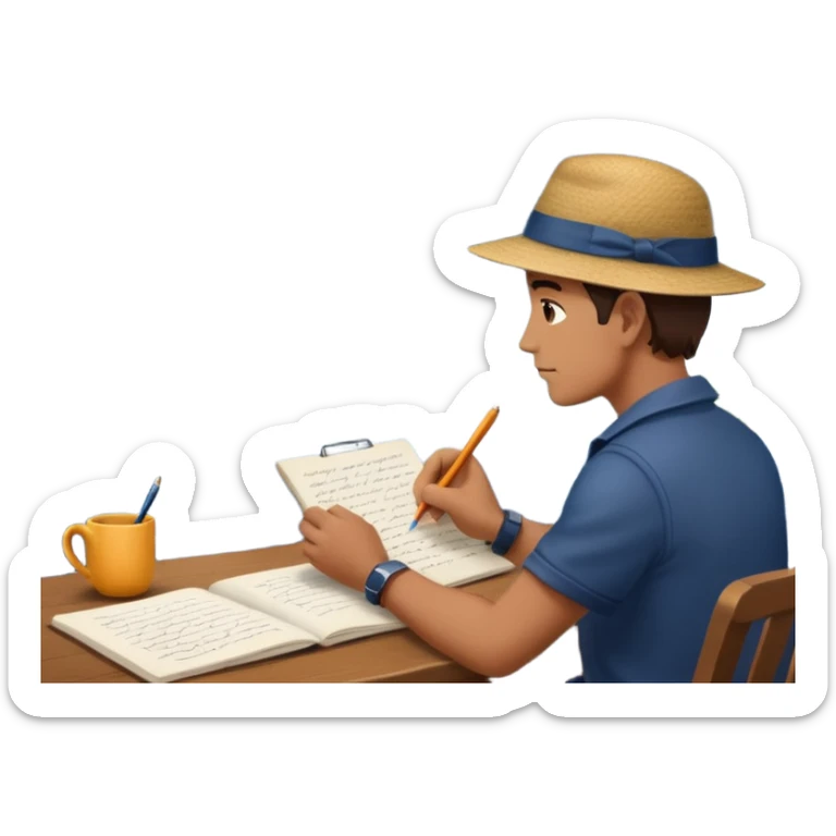 Mans op heuvel aan hetschrijven, terwijl overkant meer varen in midden van storm sticker