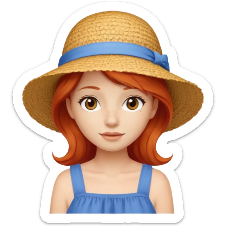 girl_wearing_summer_hat_red_hair, blue dress sticker