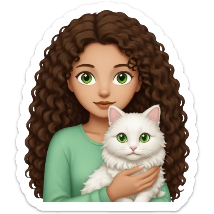 Woman light brown skin long dark curly hair, green eyes, with a cat sticker