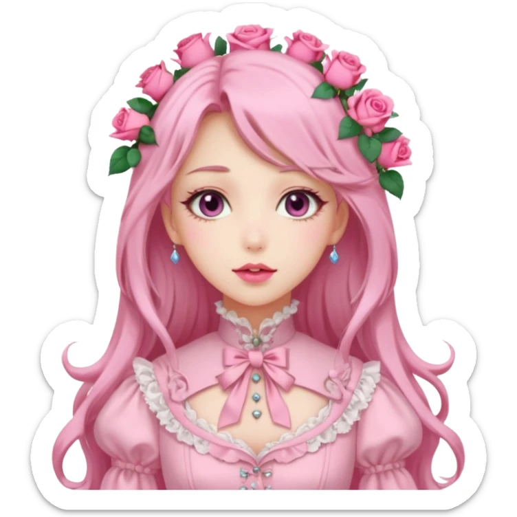 Gorgeous pastel anime lady with long hair and pink victorian style clothes and roses sticker