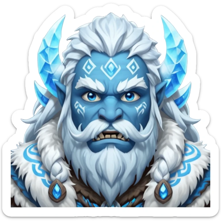 Legendary fantasy orc Christmas portrait icon, Frostfather and Snow Maiden inspired, primal winter god style, massive icy beard, glowing blue eyes, heavy fur coat, tribal frost runes, powerful brutal presence, blizzard atmosphere, clean stylized emoji icon, male/female variant
 sticker