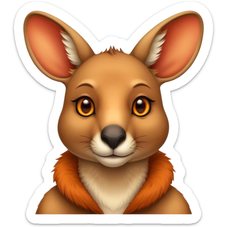 Cinematic Noble Kangaroo Portrait Emoji, Poised and regal, with a powerful, muscular build and a sleek, well-groomed fur of warm red-orange hues, deep-set soulful amber eyes and a strong tail, Simplified yet sharp and sophisticated features, highly detailed, glowing with a warm, dignified glow, high shine, intelligent and athletic, stylized with an air of outback majesty, focused and attentive, soft glowing outline, capturing the essence of a watchful and confident marsupial, so majestic it feels as though it could bound out of the screen with effortless authority! sticker