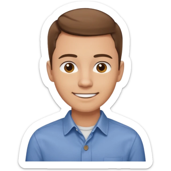 man in his 30s, short brown hair, wearing a button-up shirt, friendly smile emoji sticker