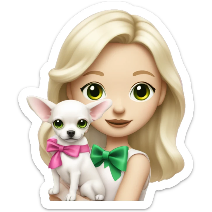 pale blond girl with wavy long platinum hair with green eyes holding a white chihuahua puppy that wearing a pink bow sticker