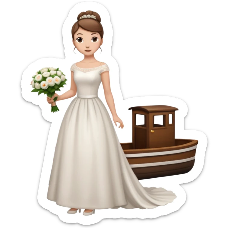 Chica blanca,cuerpo entero, vestido boda cuello barco y , pelo castaño,   1 ramo de flores , pelo recogido en moño alto con cola por la parte de atrás del vestido sticker