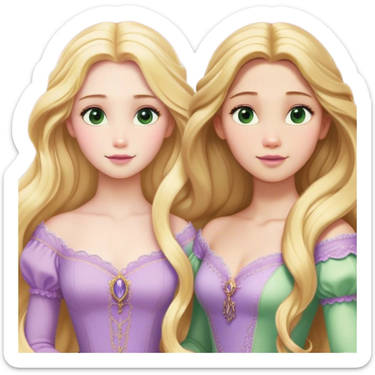Cinematic Realistic Rapunzel Portrait, with porcelain-like skin featuring a subtle, natural glow, illuminated by soft lighting that brings out the gentle contours of her face. Her long, golden blonde hair cascades in detailed waves, each strand highlighted with a radiant shimmer as it catches the light. She playfully holds a flower in one hand, her other hand resting casually in her lap, with a warm and spirited expression. Her bright, expressive green eyes exude curiosity and warmth, framed by delicate lashes and soft, arched brows. She is dressed in her classic lavender and pink gown, the fabric textured with delicate folds that flow naturally, catching the light with a soft, radiant glow. The portrait captures a luminous, enchanting aura, seamlessly blending realism with a whimsical, fairytale charm, evoking a timeless sense of beauty and magic. sticker