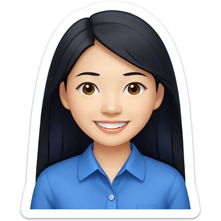 30 yr asian woman light skin long straight black hair big smile blue collared shirt sticker