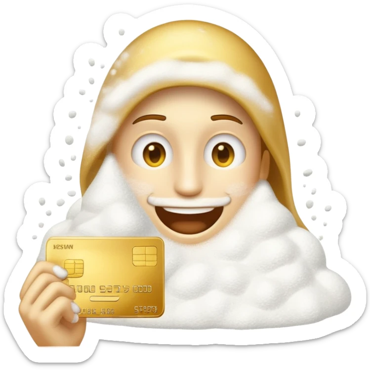 an emoji with a golden credit card in hand, in front of him is a heap of shining white powder sticker