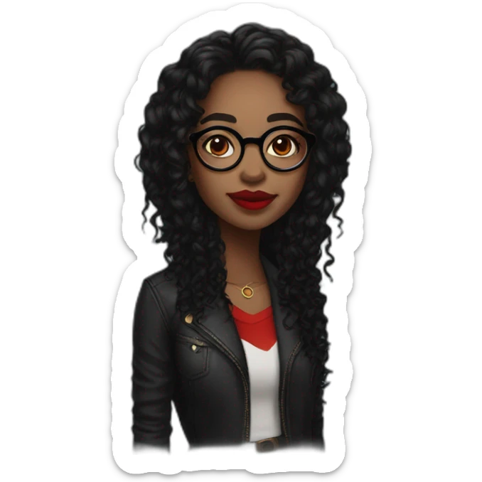 Black woman with small round glasses, dark brown eyes,bright red lipstick, a nose ring and septum ring, long curly black hair sticker