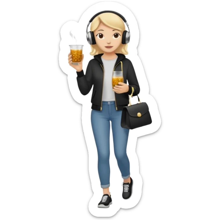 a young woman full length walks with headphones on with a caviar toast in one hand and herbal tea in the other hand sticker