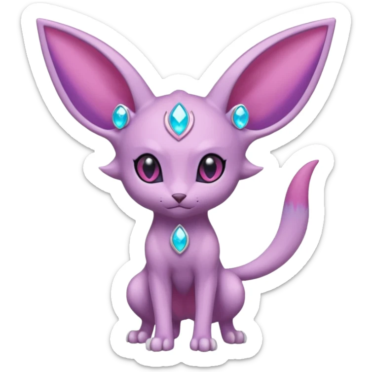 Espeon pokemon, pastel purple body color, dark pink jewel middle of forehead only, end of tail split in two, ear like flaps coming out 
of each cheek, inside of big pointy ears is blue
 (full body) sticker