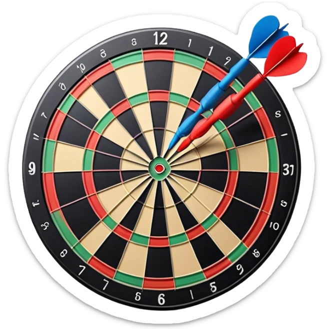 A dartboard with darts firmly stuck in the bullseye, surrounded by the colorful sections of the target. The background conveys a competitive atmosphere, with a subtle focus on precision and skill in the game of darts. sticker