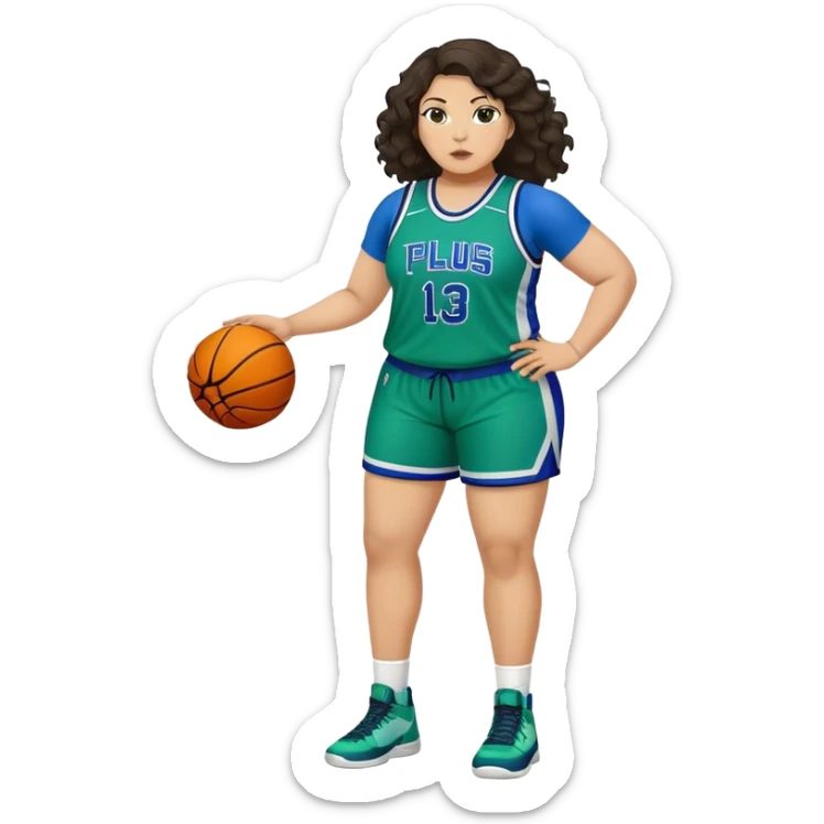 full body plus size light skin latino women basketball player with wavy dark hair wearing blue and green uniform sticker