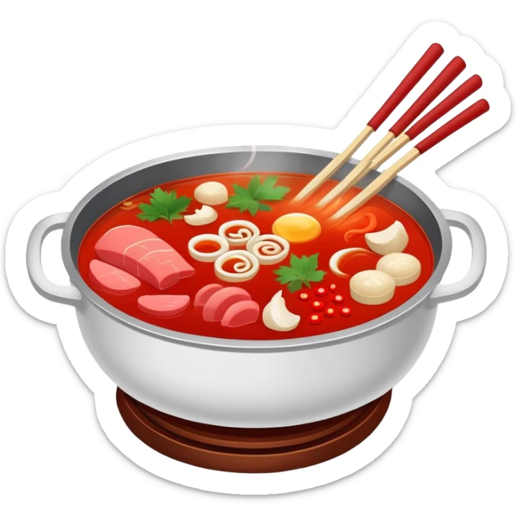 Chongqing hotpot with red spicy broth and ingredients, simplified emoji style with bold outlines and bright colors, cartoon style Chinese hot pot sticker