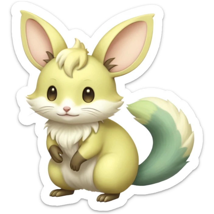 Pastel green pastel lime color golden yellow beige, soft natural realistic divine beautiful elegant pretty precious hyper-realistic lifelike  Fakémon-Pokémon-opossum-feline-mouse-serval-caracal-chinchilla-Minccino-Cinccino-Meowstic-rodent-hybrid-creature with a big fluffy bushy tail (full body) sticker