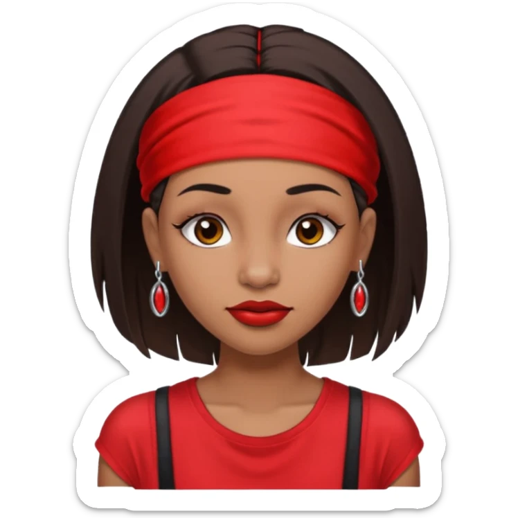light-skinned black girl with long eyelashes with long strait dark brown hair with edges wearing a red top with no sleeves. and a red accessory on her head with nose and mouth piercings. sticker