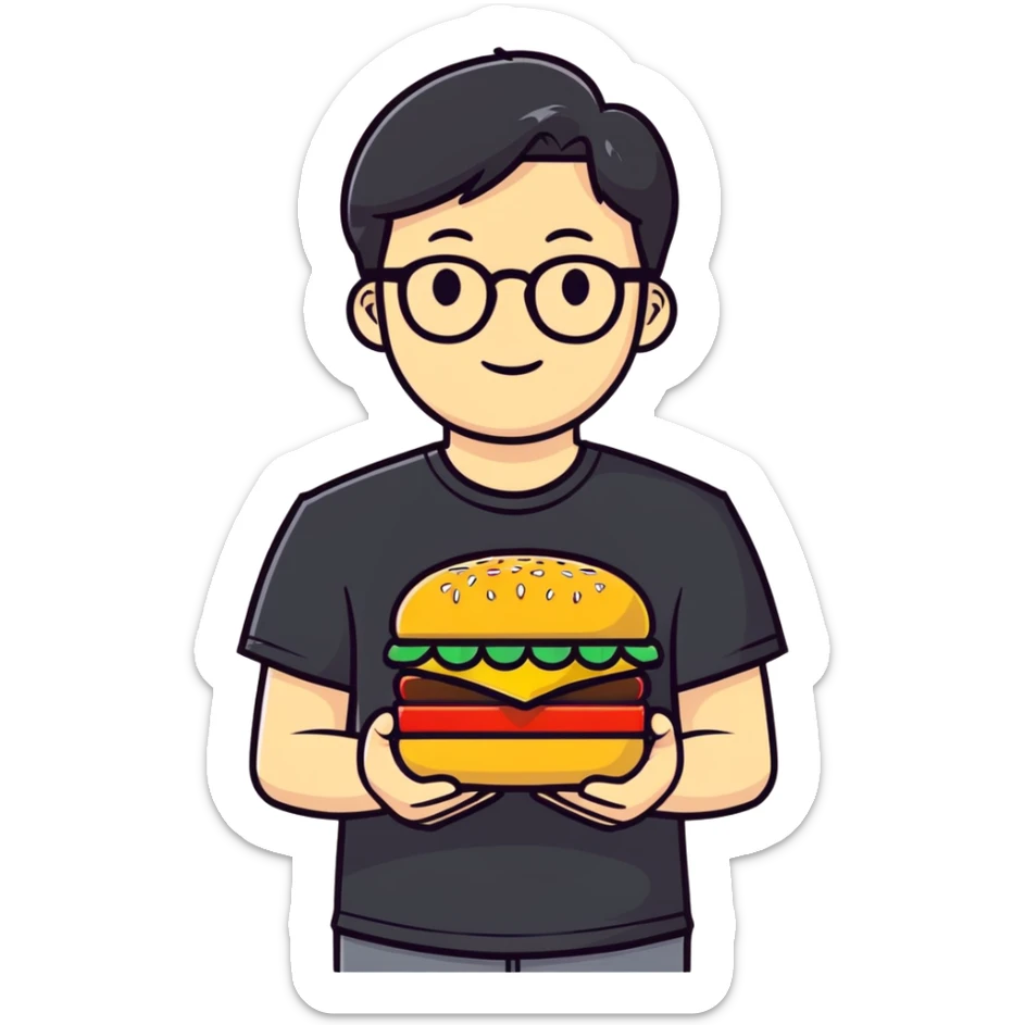 asian guy with glasses, middle part hair, square jaw, wearing a black t-shirt and shorts, holding multiple big macs sticker