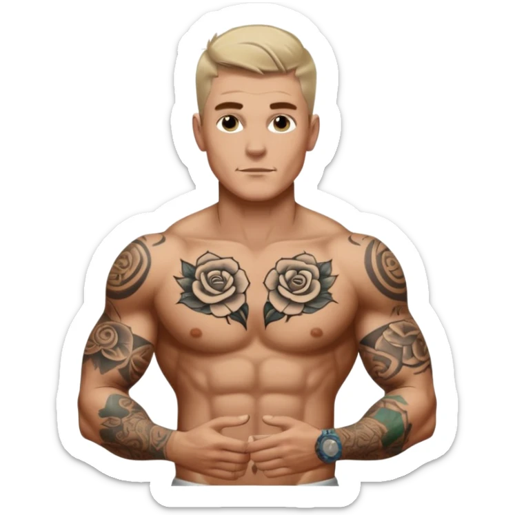 tattoo man, white skintone, more highlight the tattoo, body builder, heavy tatto0s on fully chest, more tattoos on the body, more visible tattoo, big tattoos, tattoos on face. sticker