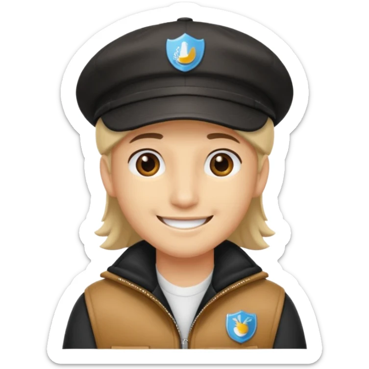 Créame a un chico blanco con gorra negra con el pelo castaño y qué tenga una chaqueta blanca más animado sticker