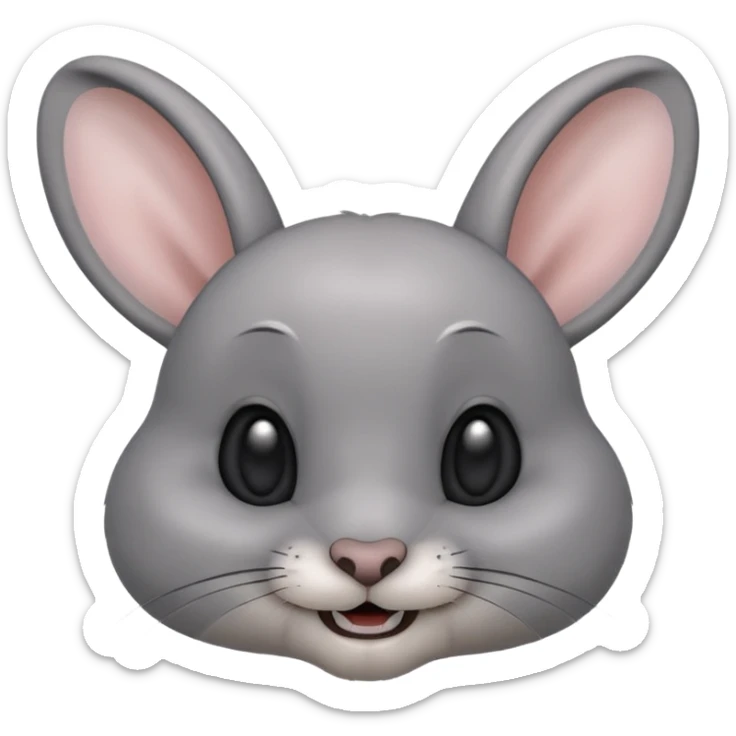 Head of a grey rabbit in Apple emoji style, round face, soft grey fur, big black eyes, perky ears, gently showing two front teeth in a subtle smile, front-facing, clean and glossy look
 sticker