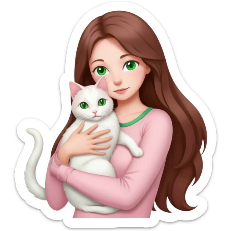 woman with very long brown hair and green eyes in a light pink outfit hugging a white cat sticker