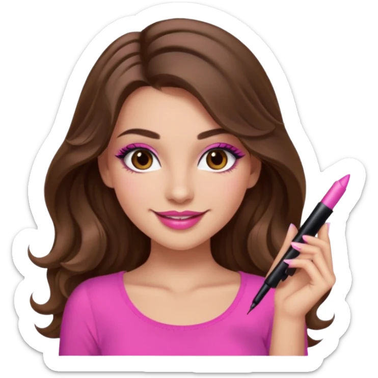 girl with long wavy brown hair, brown eyes, long lashes makeup, sexy pink lips, light to medium complexion, wearing a pink sexy top, smiling sticker