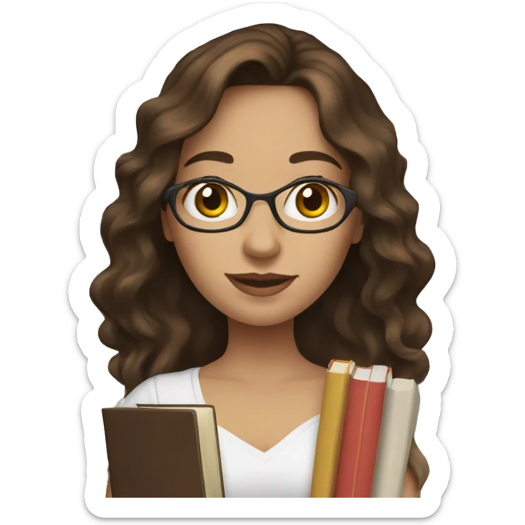 white skin woman with dark brown long wavy hair holding books woman sticker