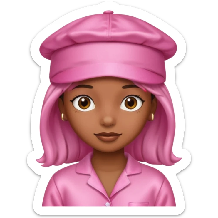 a brown skin girl with a pink satin cap and pajamas sticker