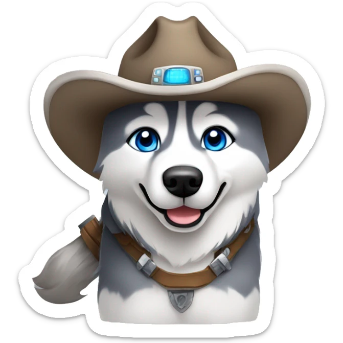 Gray Siberian Husky with blue eyes Jedi holding lightsaber cowboy hat  sticker