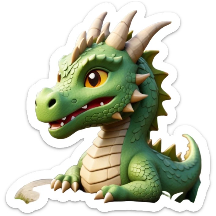 Cinematic Cute Giant Rock Dragon Portrait Emoji, Head tilted playfully and inquisitively, showcasing a robust, stone-carved body with intricately detailed, craggy textures in natural earthen tones accented by soft hints of moss, and a surprisingly gentle, endearing expression; rendered with lifelike clarity and warm, natural light, high shine, mighty yet endearing, styled with a touch of ancient, stony whimsy, soft glowing outline, capturing the essence of a mischievous stone guardian poised to rumble playfully into your embrace! sticker