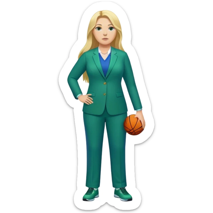 Full Body white plus size female basketball head coach with long blonde hair in a blue and green suit sticker