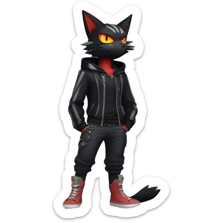 Cool Anthro Black Noibat-Quilava-Litten-Pokémon with edgy stripes hoodie spiked collar punk Full Body sticker