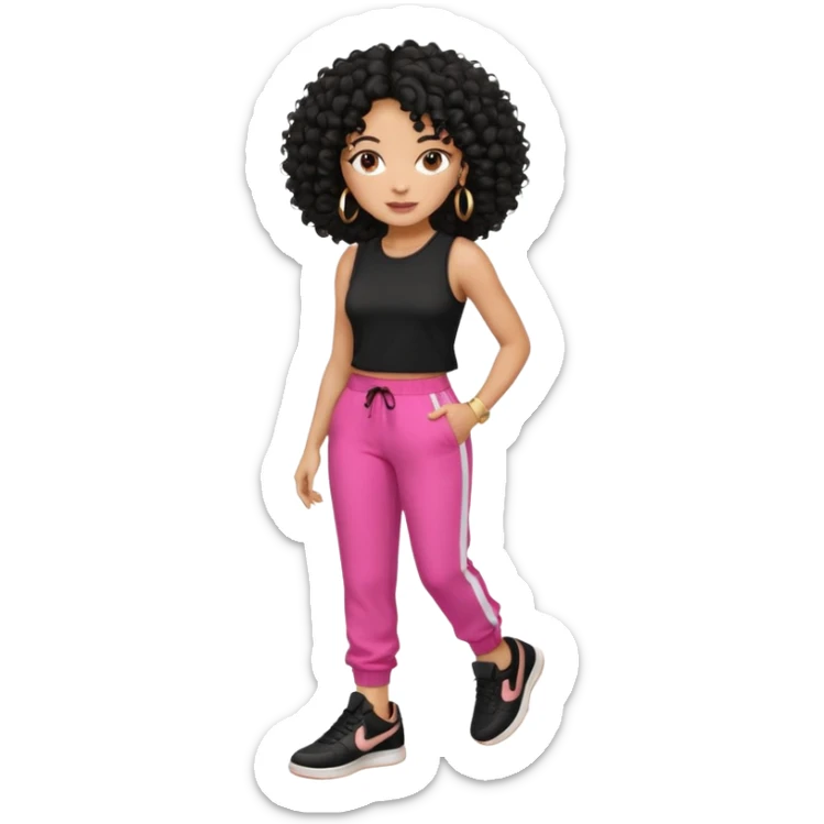 Black woman, adult, 4C black curly hair, dark brown eyes, wearing black top, pink pants, black sneakers, gold hoop earrings comendo fitness sticker