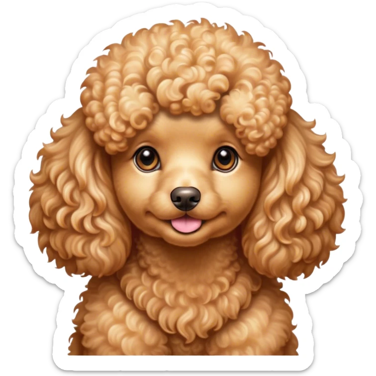 Cinematic Cute Apricot Poodle Portrait Emoji, Head tilted playfully and inquisitively, showcasing a bouncy, curly apricot Fur with a luminous sheen, round, sparkling warm eyes filled with curiosity, Simplified yet irresistibly adorable features, highly detailed, glowing with a warm, friendly glow, high shine, affectionate and lively, stylized with a touch of whimsy, bright and endearing, soft glowing outline, capturing the essence of a mischievous yet loving companion, so playful it feels like it could bounce out of the screen and into your arms! sticker