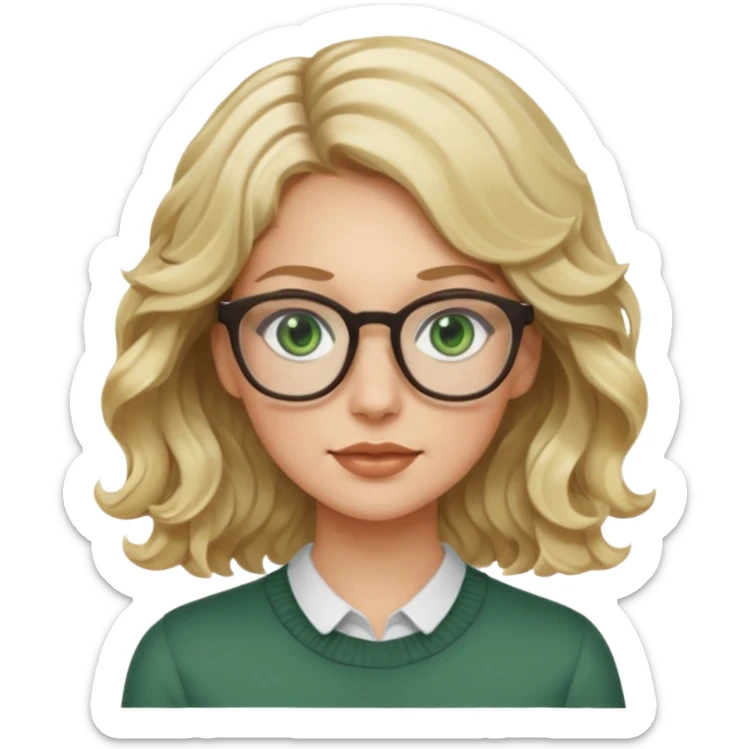 blonde woman, age 25-30, green eyes, wavy hair, wearing glasses, modern product designer sticker
