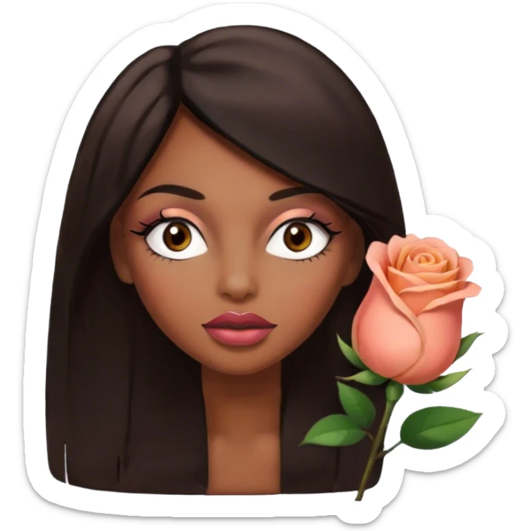 Glamours, brown, very beautiful girl, with big pump peach-beige-rose lips, long long lashes, black straight smooth silky long hair, straight parting hair, brown eyes sticker