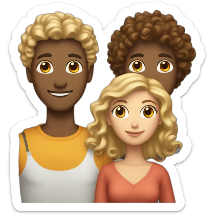 Three friends, a brown blond man, a curly woman, a woman with straight hair sticker