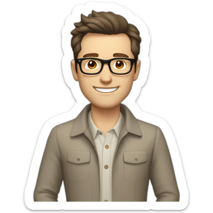 Joyful Pale skinned Fit Man With dark brown hair in gray jacket, beige office shirt, Brown pants and vintage glasses. His thrumbs up sticker
