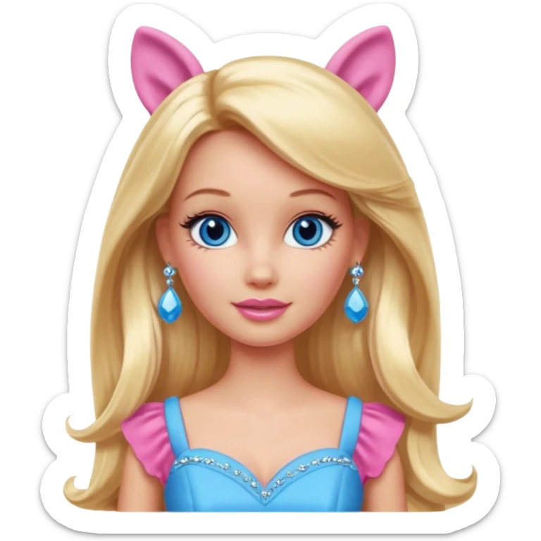 barbie, long blonde hair, pink dress, with blue eyes,different dress, big ear rings sticker
