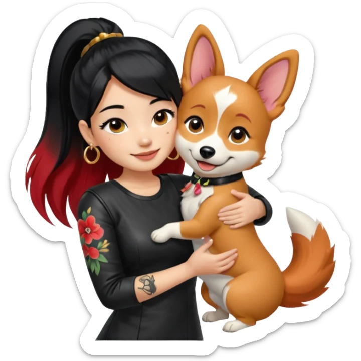 apple-style emoji of an Asian girl with long hair in a ponytail, deep side bangs, black leather dress, gold hoop earrings, dramatic false lashes, and a floral 3/4 sleeve tattoo on her left arm, hugging a smiling red head tri-color corgi, simplified, emoji-like sticker