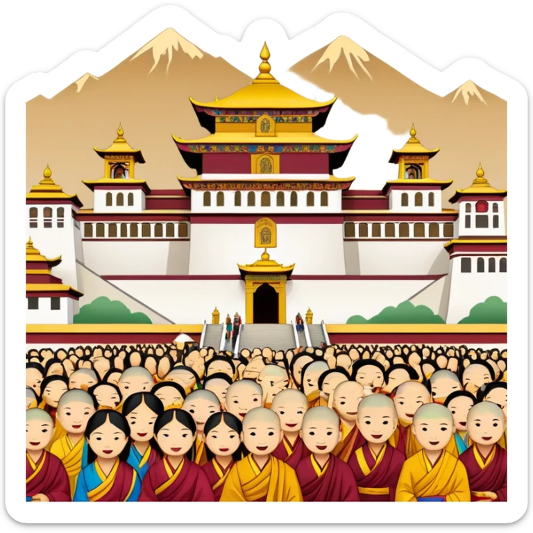 Lhasa Jokhang Temple Tibet with pilgrims, simplified emoji style with bold outlines and bright colors, cartoon style golden roof temple sticker