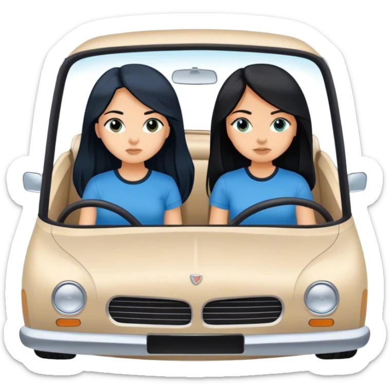 Two girls both with black long hair one with a blue shit one with a black shirt in a white car driving to a destination sticker