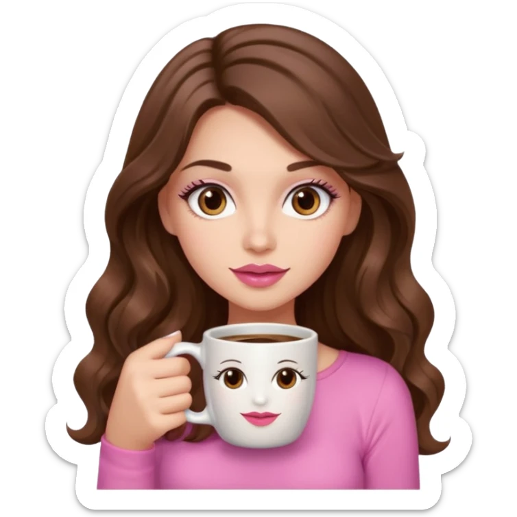 girl with long wavy brown hair, brown eyes, long lashes, pink lips, light to medium complexion, pink sexy top, with a coffee mug sticker